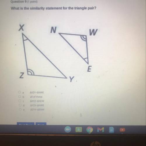 Question 9 (1 point)

What is the similarity statement for the triangle pair?
Х
N
W
E
N
Y
Оа
Ob
AX