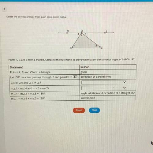 Select the correct answer from each drop down menu.

Points A B and Cform a triangle. Complete the
