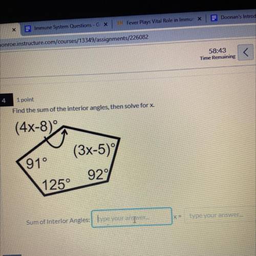 Find the sum of the interior angles, then solve for x. 
Help!!