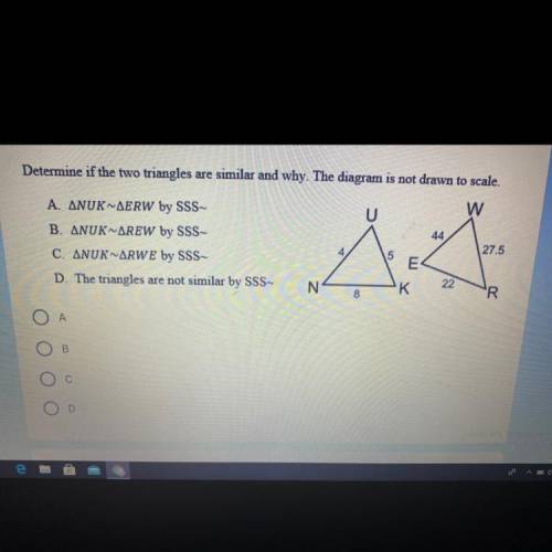 Determine if the two triangles are similar and why. The diagram is not drawn to scale.

A. ANUK~AE