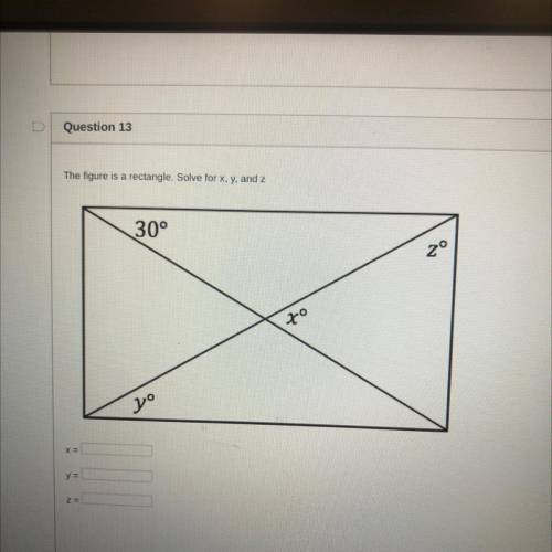 The figure is a rectangle. Solve for x, y, and z. Answer the question below