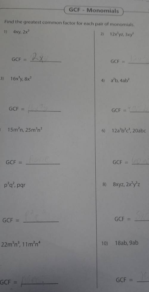 I need help with tgis whole worksheet what are the common factors for each pair of monomials​