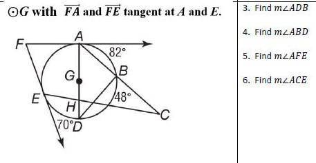 G with FA and FE tangent at A and E.

Find mADB Find mABD Find mAFE Find mACEPLEASE EXPLAIN HOW YO
