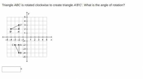 Triangle ABC is rotated clockwise to create triangle A’B’C’. What is the angle of rotation?

On a
