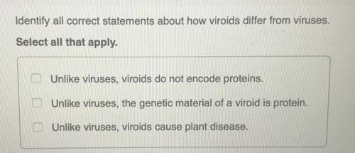 Identify all correct statements about how viroids differ from viruses.

Select all that apply.
-Un