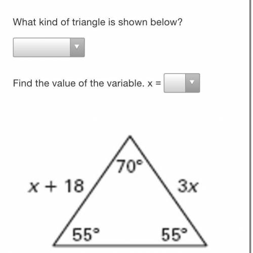 The X multiple answers are 60 or 55 or 9 or 27 and

the answers may be equilateral or isosceles or