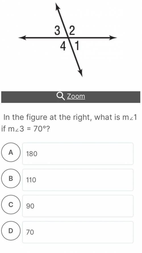 In the figure at the right what is m < 1 if m < 3= 70 degrees