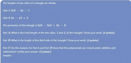 The lengths of two sides of a triangle are shown.

Side 1: 3x2 − 4x − 1
Side 2: 4x − x2 + 5
The per