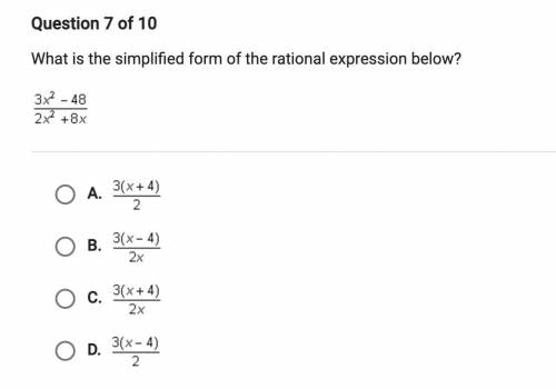 What is the simplified form of the rational expression below?
3x2 - 48/2x +8x