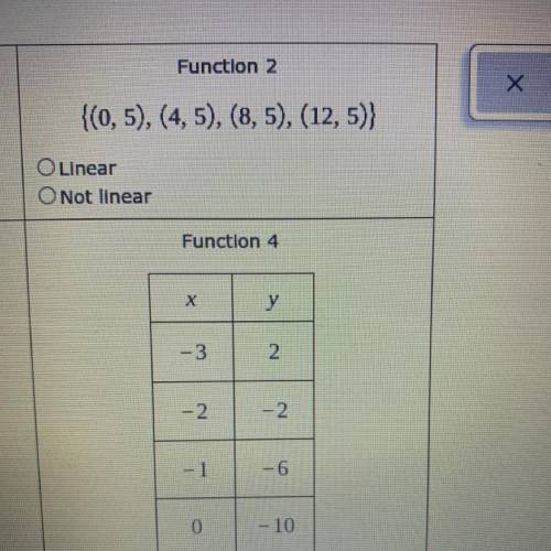 Function 2
{(0,5), (4, 5), (8,5), (12,5)}
O Linear
Not linear