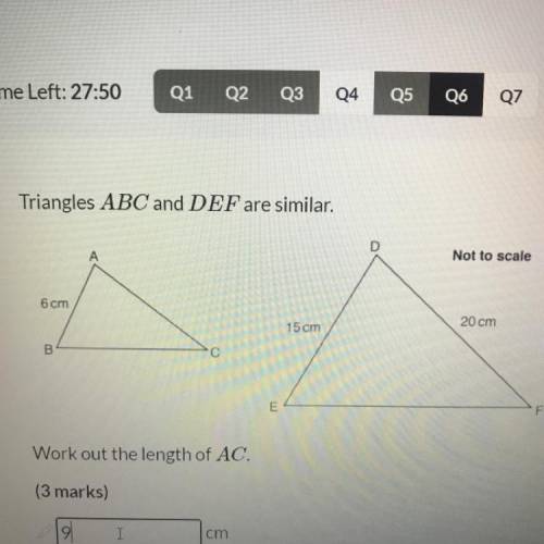 Triangles ABC and DEF are similar.

Not to scale
A
6 cm
15 cm
20 cm
B
С
E
Work out the length of A