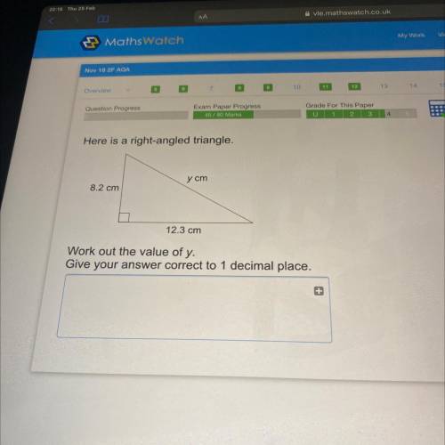 Here is a right-angled triangle.

8.2 cm
12.3 cm
Work out the value of y.
Give your answer correct