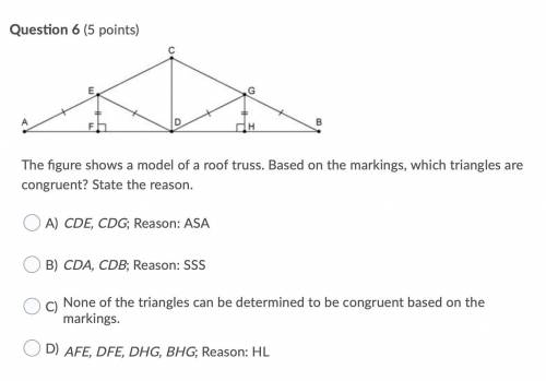 The figure shows a model of a roof truss. Based on the markings, which triangles are congruent? Sta
