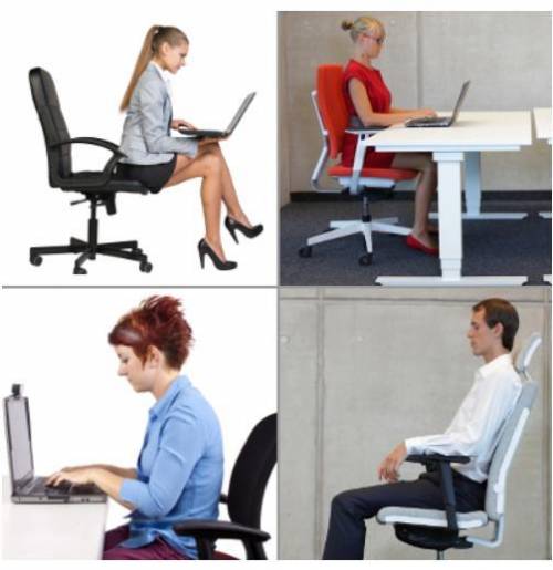 Which images show employees using correct posture while sitting on their chairs at their workstatio