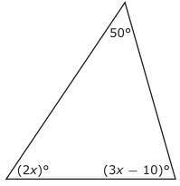 .
The angle measures of a triangle are shown in the diagram.
What is the value of x?