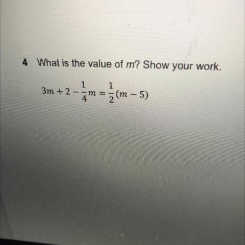 What is the value of m? 3m+2-1/4m=1/2(m-5)