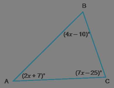 Examine the diagram. Triangle A, B, C. Angle A is (2 x + 7) degrees, angle B is (4 x minus 10) degr