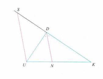 DUK is any triangle the bisector of D cuts UK in N the parallel to DN drawn through U cuts DK in S