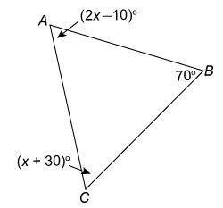What is the measure of angle A in the triangle?
Enter your answer in the box.