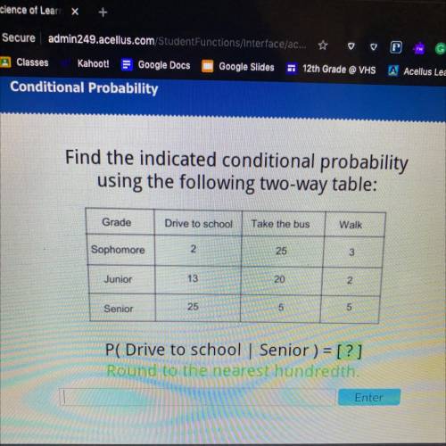 HURRY PLEASE

Find the indicated Conditional probability using the following two-table:
P(Drive to