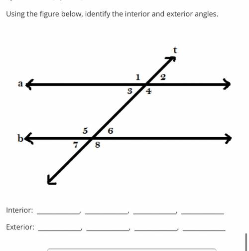 Pls help Using the figure below, identify the interior and exterior angles.