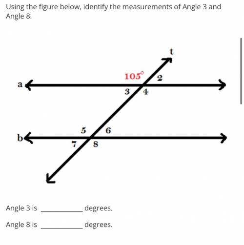 Using the figure below, identify the measurements of Angle 3 and Angle 8.
Pls help
