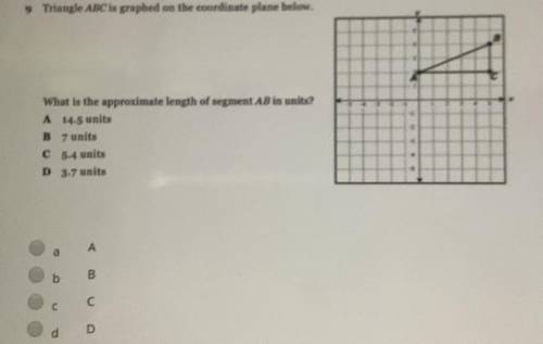 Triangle ABC is graphed on the coordinate plane below.

What is the approximate length of segment