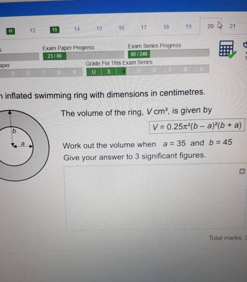 Here is an inflated swimming ring with dimensions in centimetres.

The volume of the ring, V cm”,