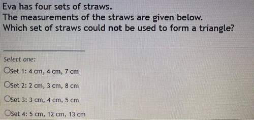 Eva has four sets of straws.

The measurements of the straws are given below.
Which set of straws
