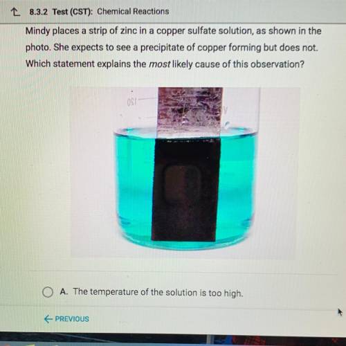 Mindy places a strip of zinc in a copper sulfate solution, as shown in the

photo. She expects to