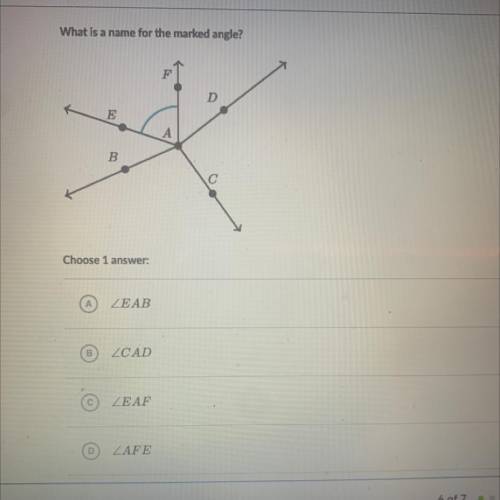 What is a name for the marked angle?

A
B
Choose 1 answers
LEAB
LCAD
LEAF
CAFE