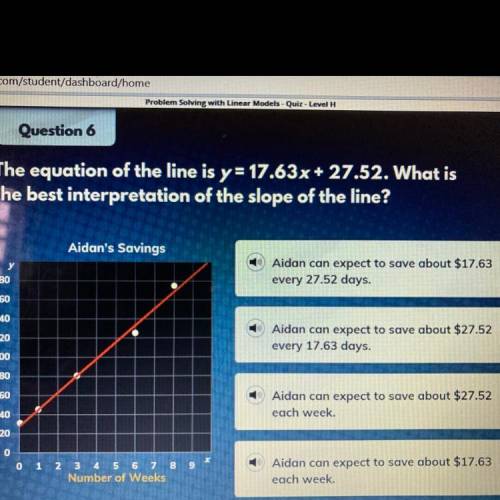 Question 6

The equation of the line is y= 17.63x+ 27.52. What is
the best interpretation of the s