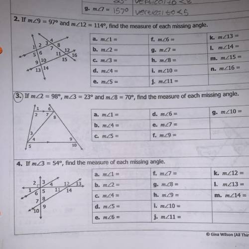 Please help!! 3. If m_2 = 98°, mx3 = 23° and mZ8 = 70°, find the measure of each missing angle.

i