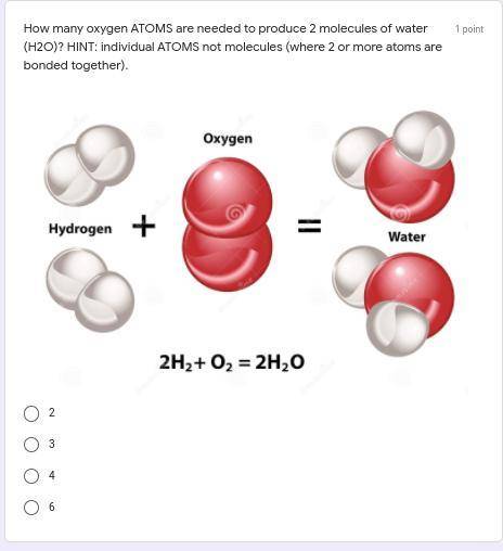 How many oxygen ATOMS are needed to produce 2 molecules of water (H2O)?