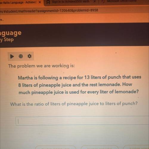 Martha is following a recipe for 13 liters of punch that uses 8 liters

of pineapple juice and the