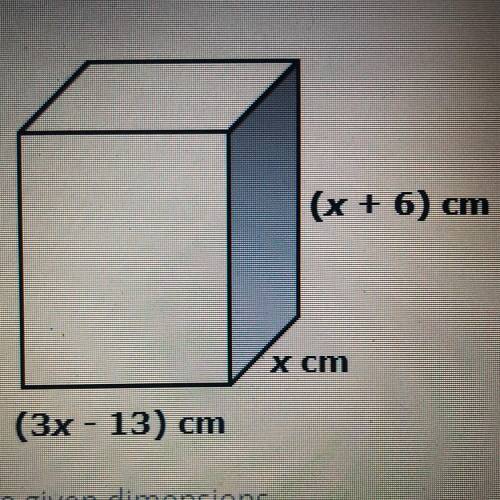 Find the volume of the rectangular prism with the given dimensions.

A. (3x3 + 5x2 - 78x) cubic ce