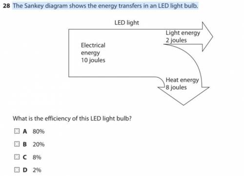 The Sankey diagram shows the energy transfers in an LED light bulb.

(look at the attached photo)