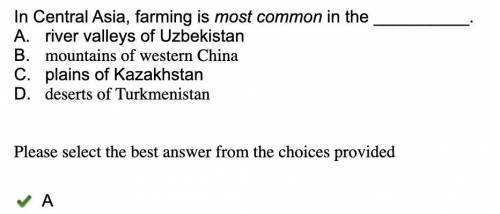 In Central Asia, farming is most common in the __________.

A.
river valleys of Uzbekistan
B.
moun