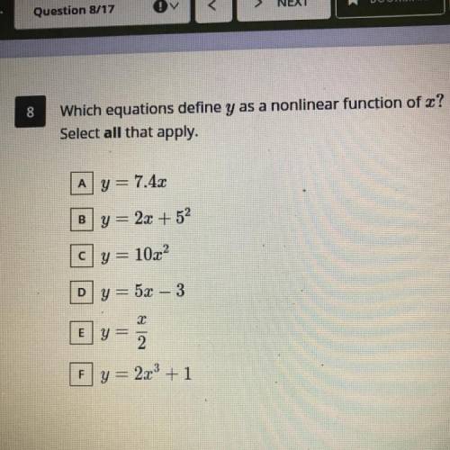 Which equations define y as a nonlinear function of x? Select ALL that apply.