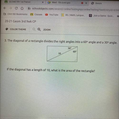 The diagonal of a rectangle divides the right angles into a 60° angle and a 30° angle.

If the dia