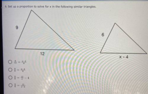 6. Set up a proportion to solve for x in the following similar triangles.
￼
