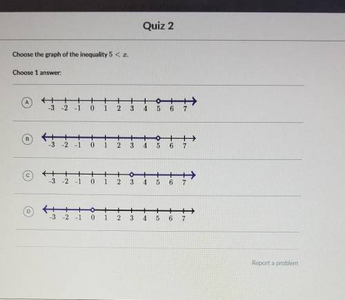 Quiz 2 Choose the graph of the inequality 5 <x​