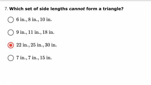 Which set of side lengths cannot form a triangle? (screen shot attached)