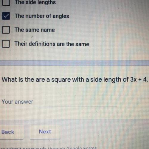 What is the are a square with a side length of 3x + 4.