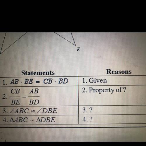 Complete the proof.
Given: AB * BE = CB * BD
Prove: ABC = DBE