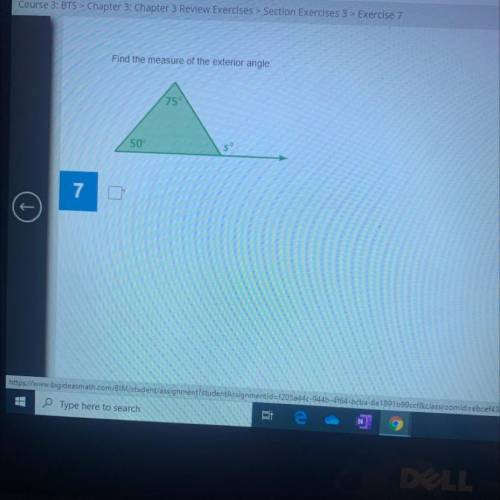 Find the measures of the exterior angle using the degrees of 75 and 50