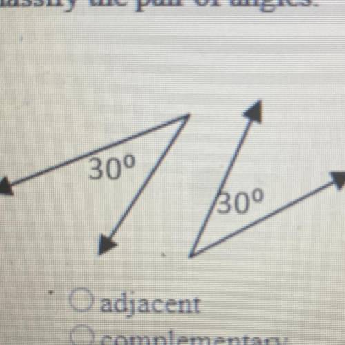 Classify the pair of angles.

O adjacent
O complementary
O supplementary
Onone of these