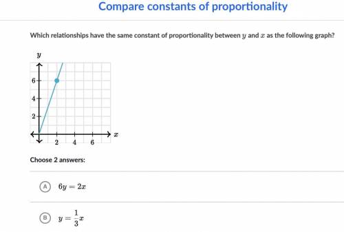 Which relationships have the same constant of proportionality between

y
yy and 
x
xx as the follo