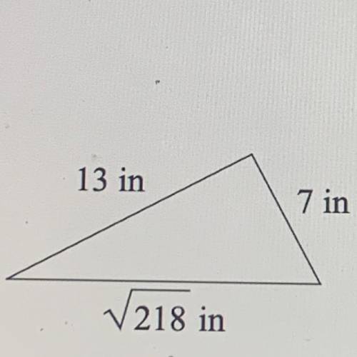 13 in
7 in
FRE
218 in
SEE IF THE TRIANGLE ID ACUTE, OBTUSE, OR RIGHT