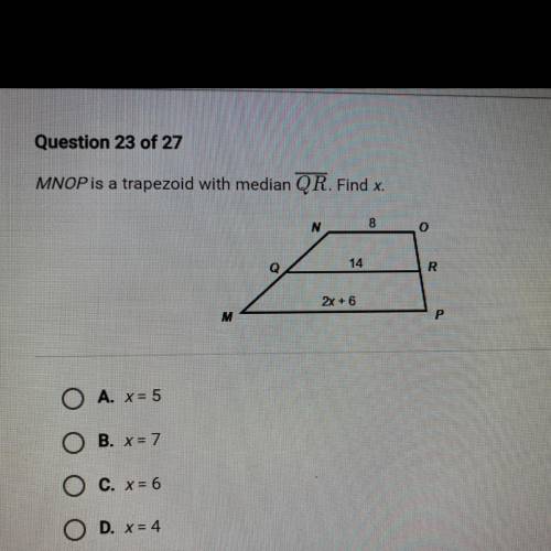 PLEASEEE HELPPP 
MNOP is a trapezoid with median QR. Find x.